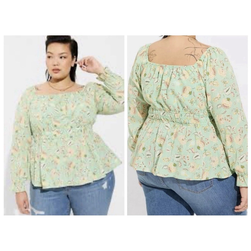 Torrid Square Blouse Popover Top 2, 2X Green Floral Boho Babydoll Peasant